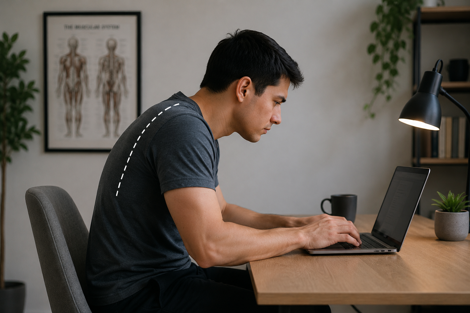 Man sitting at a desk with rounded shoulders while working on a laptop