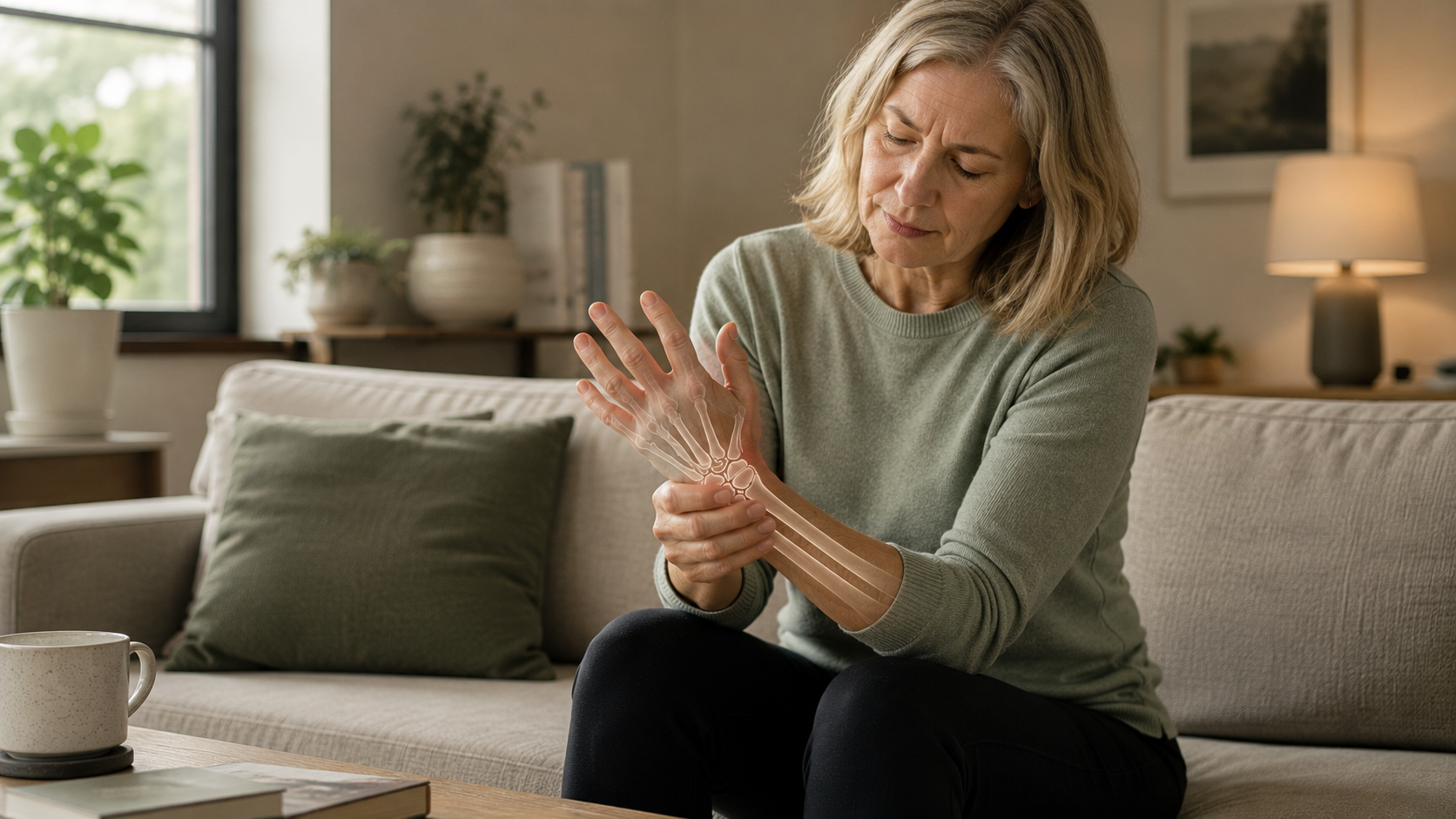 Woman holding her wrist due to pain and stiffness