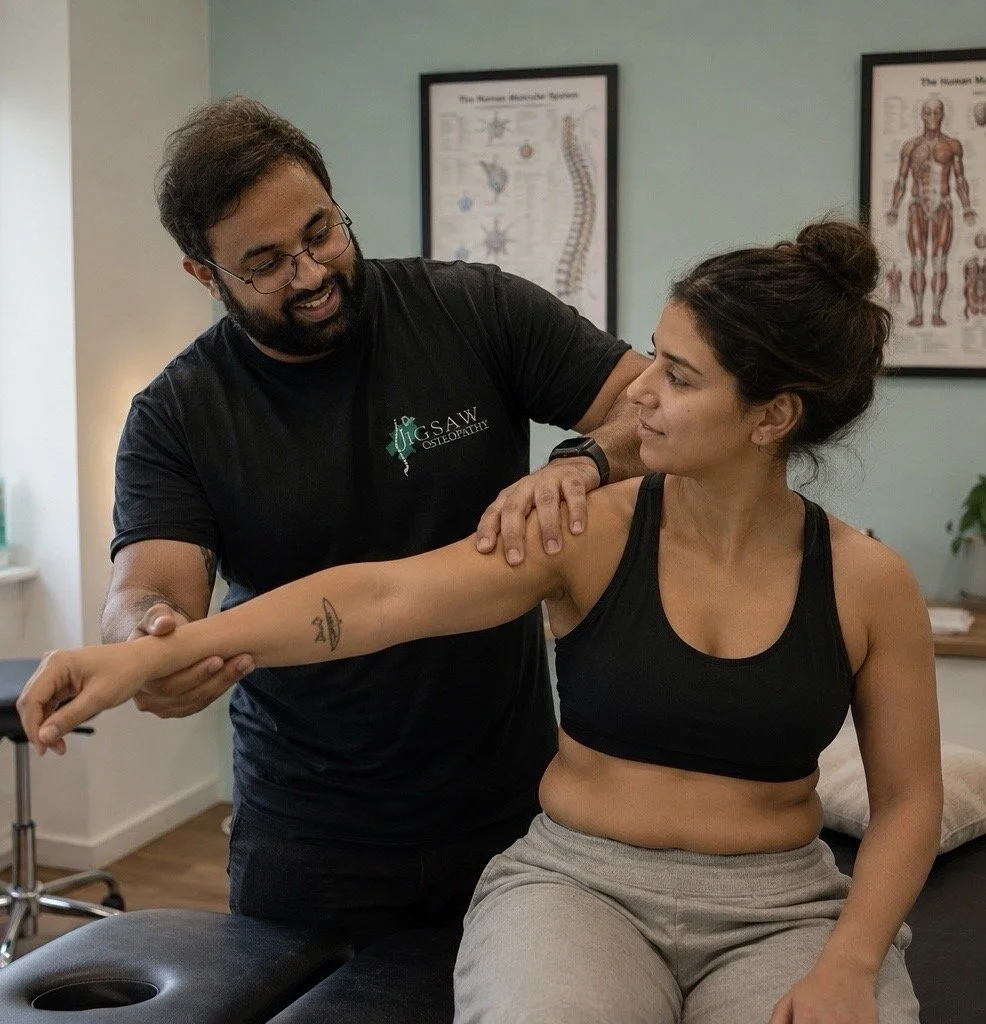 An Osteopath or Physiotherapist assisting a woman with shoulder exercises in a clinic, in Hayes, West London
