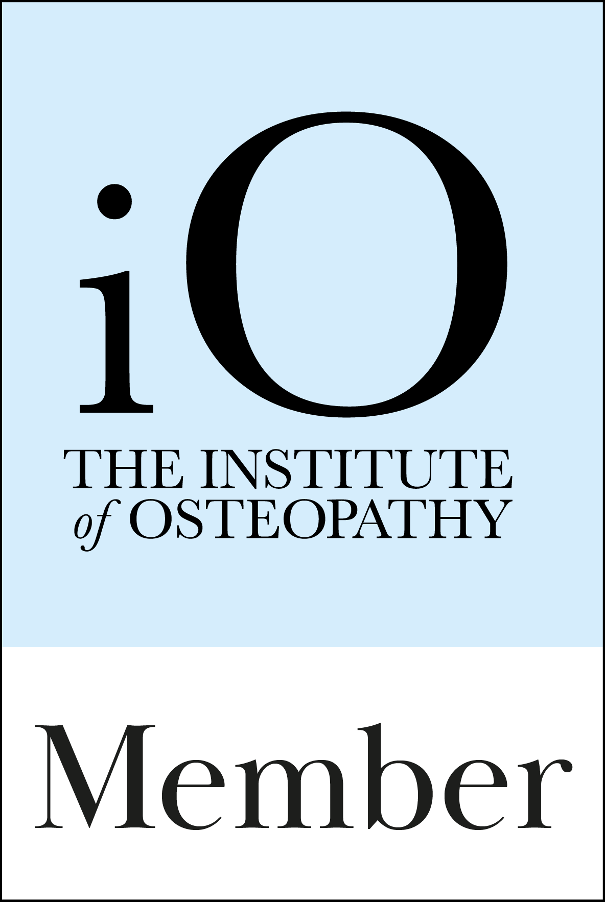 Membership badge for the Institute of Osteopathy with a large black letter 'O' and the words 'The Institute of Osteopathy' beneath it, and the word 'Member' at the bottom.