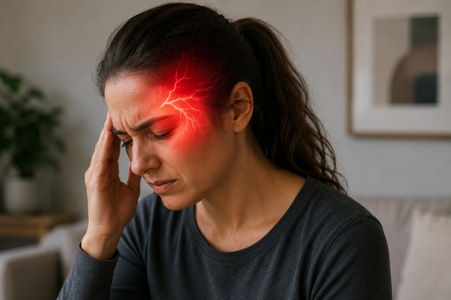 Woman holding her temple while experiencing a migraine headache