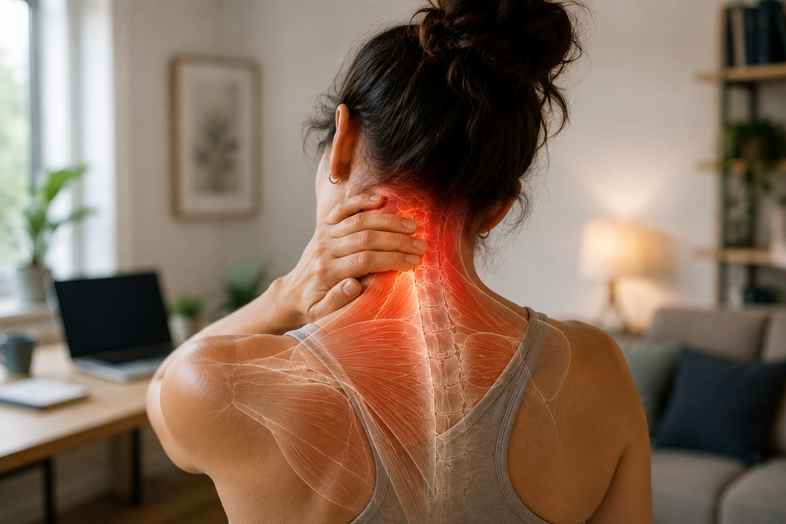 Woman holding her neck due to pain and stiffness