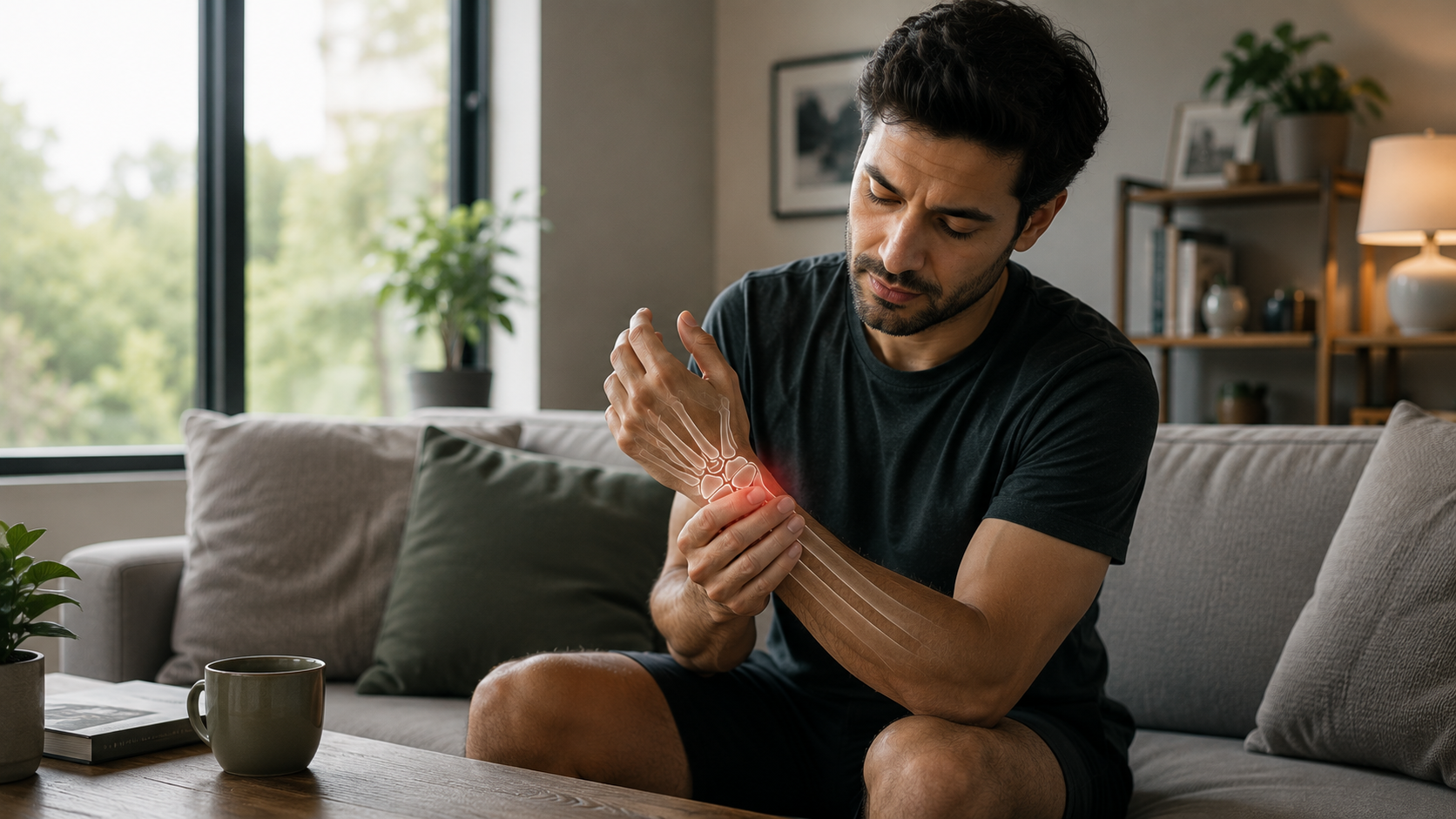 Man holding his wrist with pain around the base of the thumb