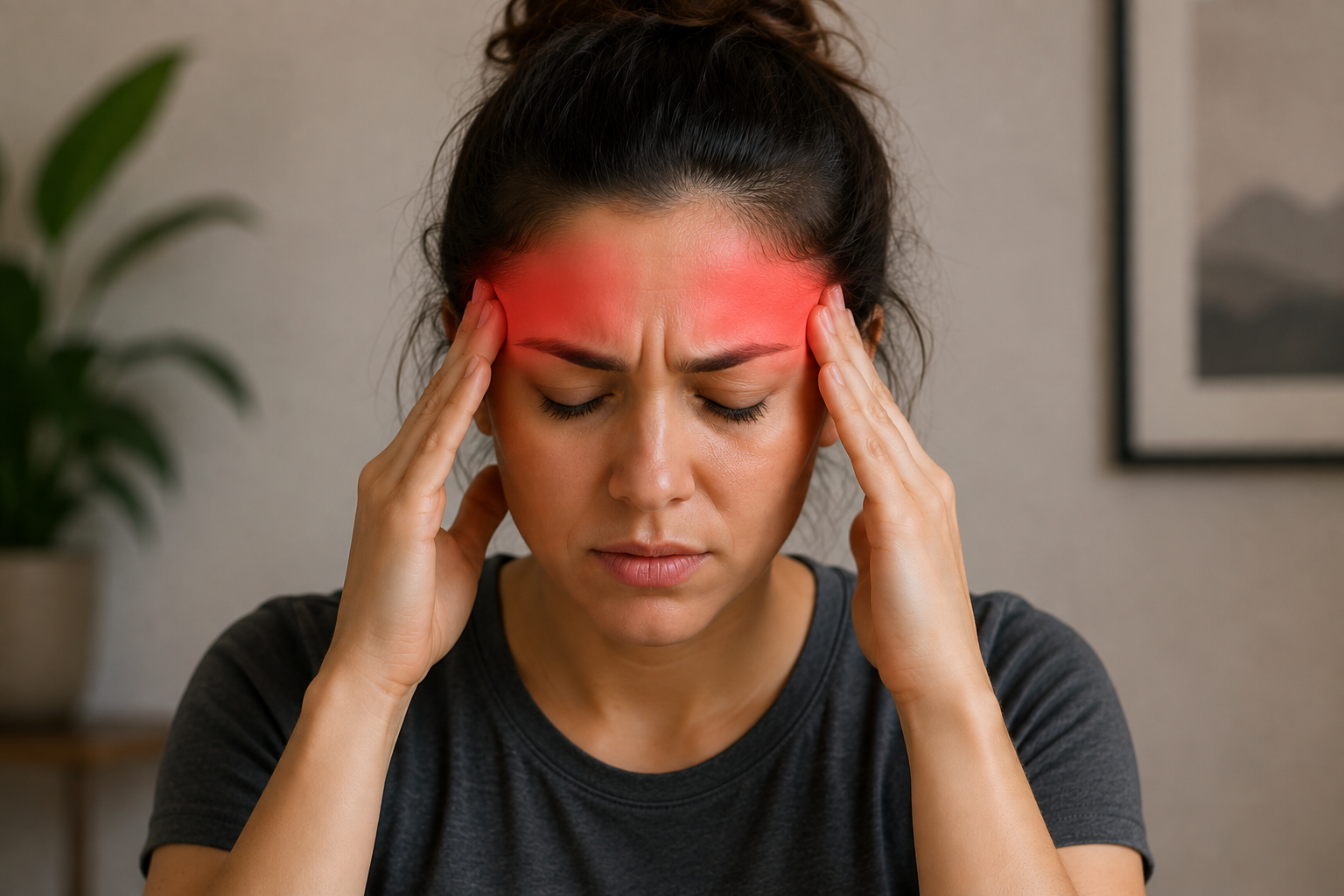 Woman holding her temples while experiencing a headache