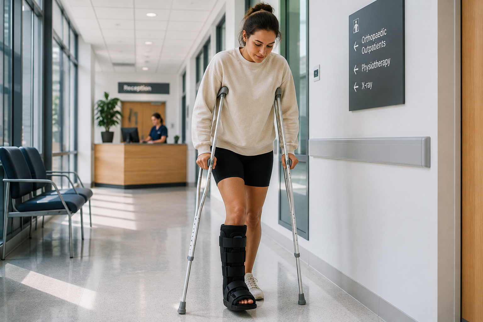 Woman using crutches during rehabilitation after foot or ankle surgery