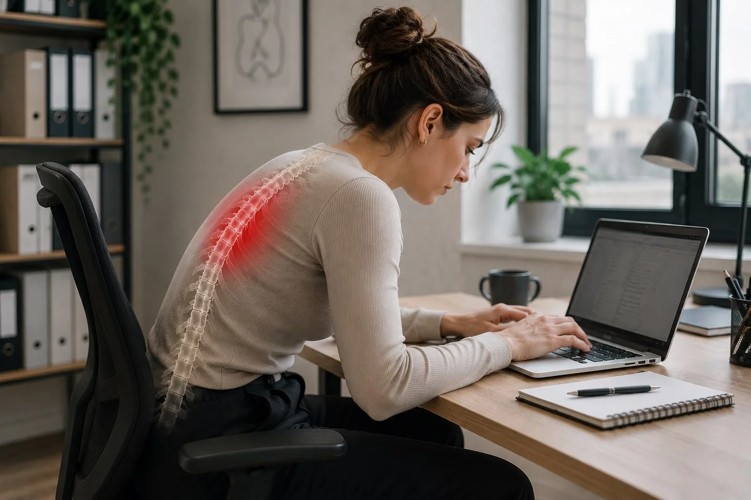 Woman experiencing upper back pain while working at a computer