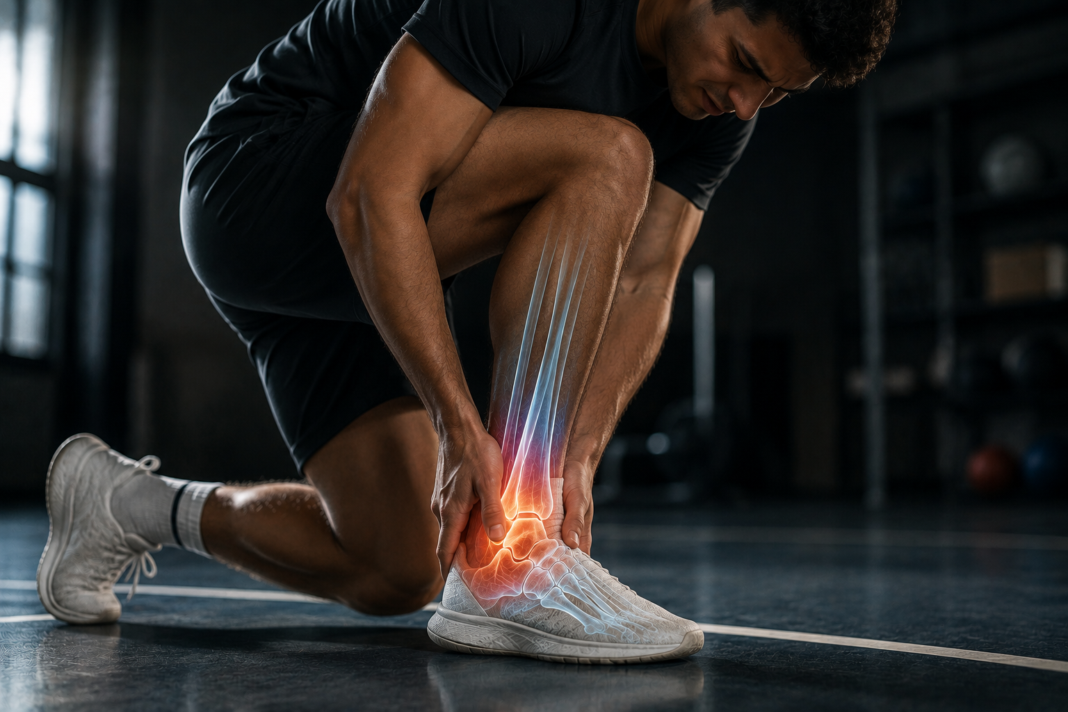 Man experiencing ankle pain while training at the gym