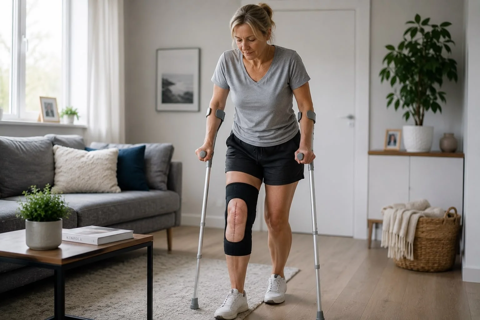 Woman using crutches during rehabilitation after knee surgery