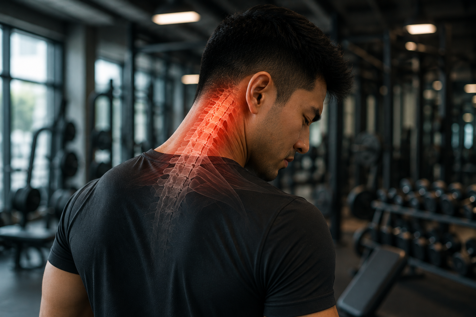 Man experiencing neck pain while training at the gym