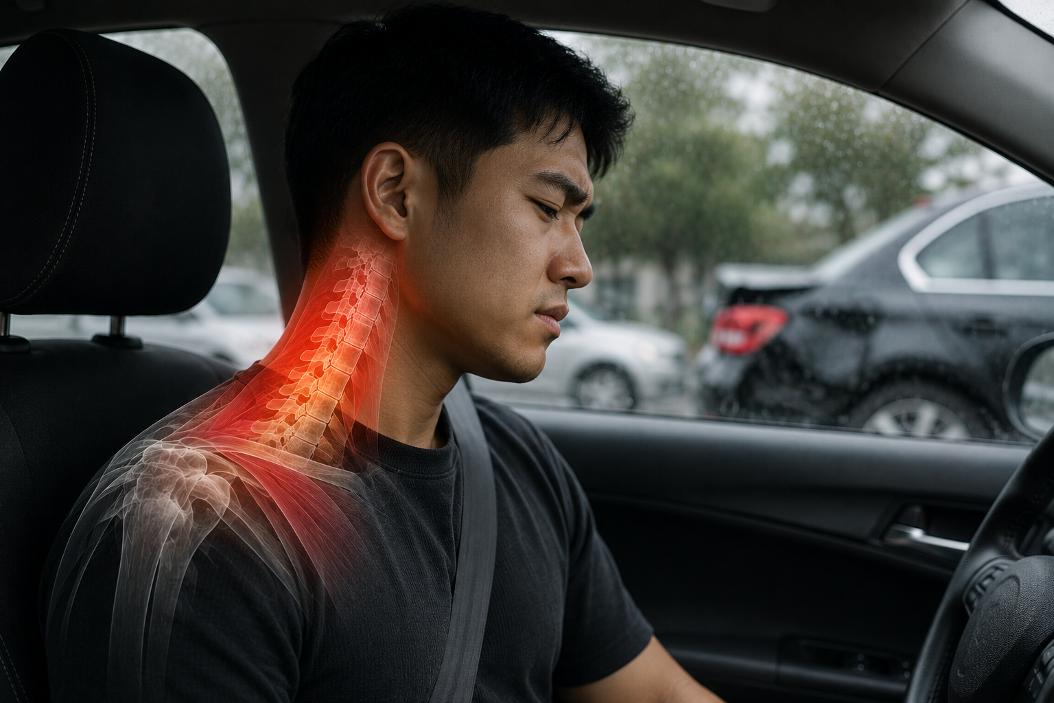 Man experiencing neck pain following a road traffic accident