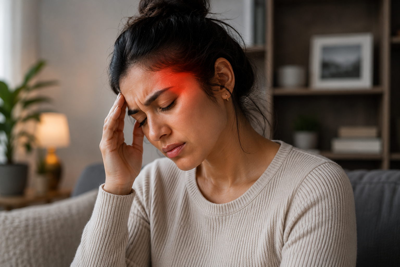 Woman holding her head while experiencing headache and neck pain