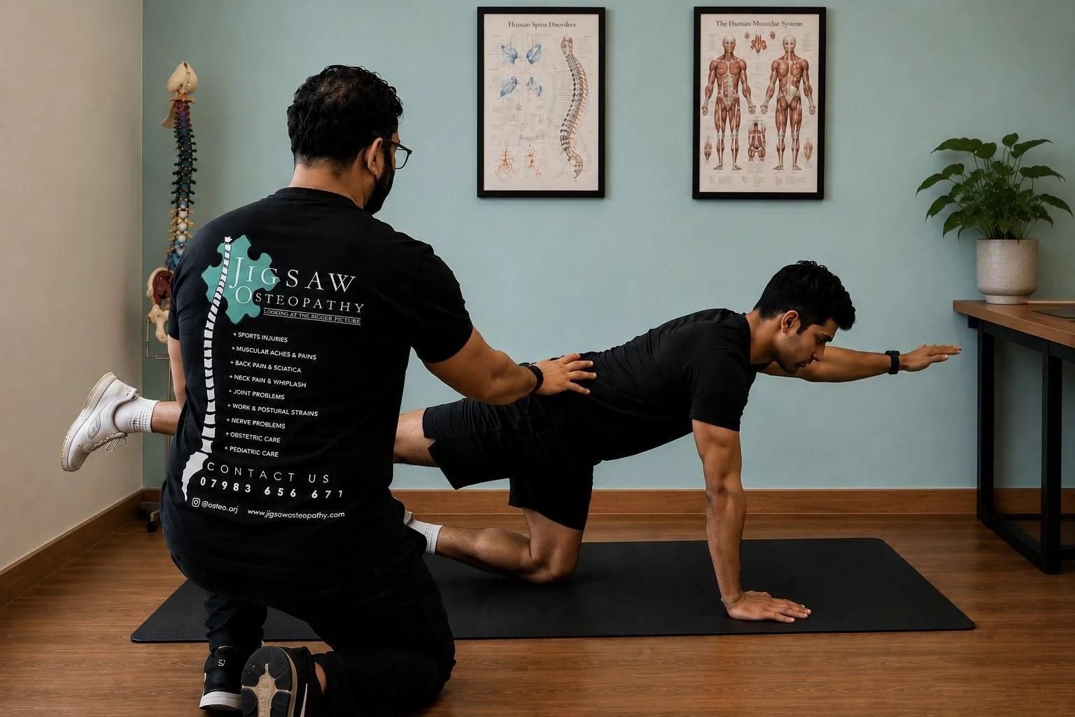 A chiropractor assisting a man with a plank exercise on a black mat in a therapy room. The chiropractor is supporting the man's lower back while the man extends his arm and leg outward in a one-arm, one-leg balance position. The background features anatomical posters, a plant, and a model of the human spine.