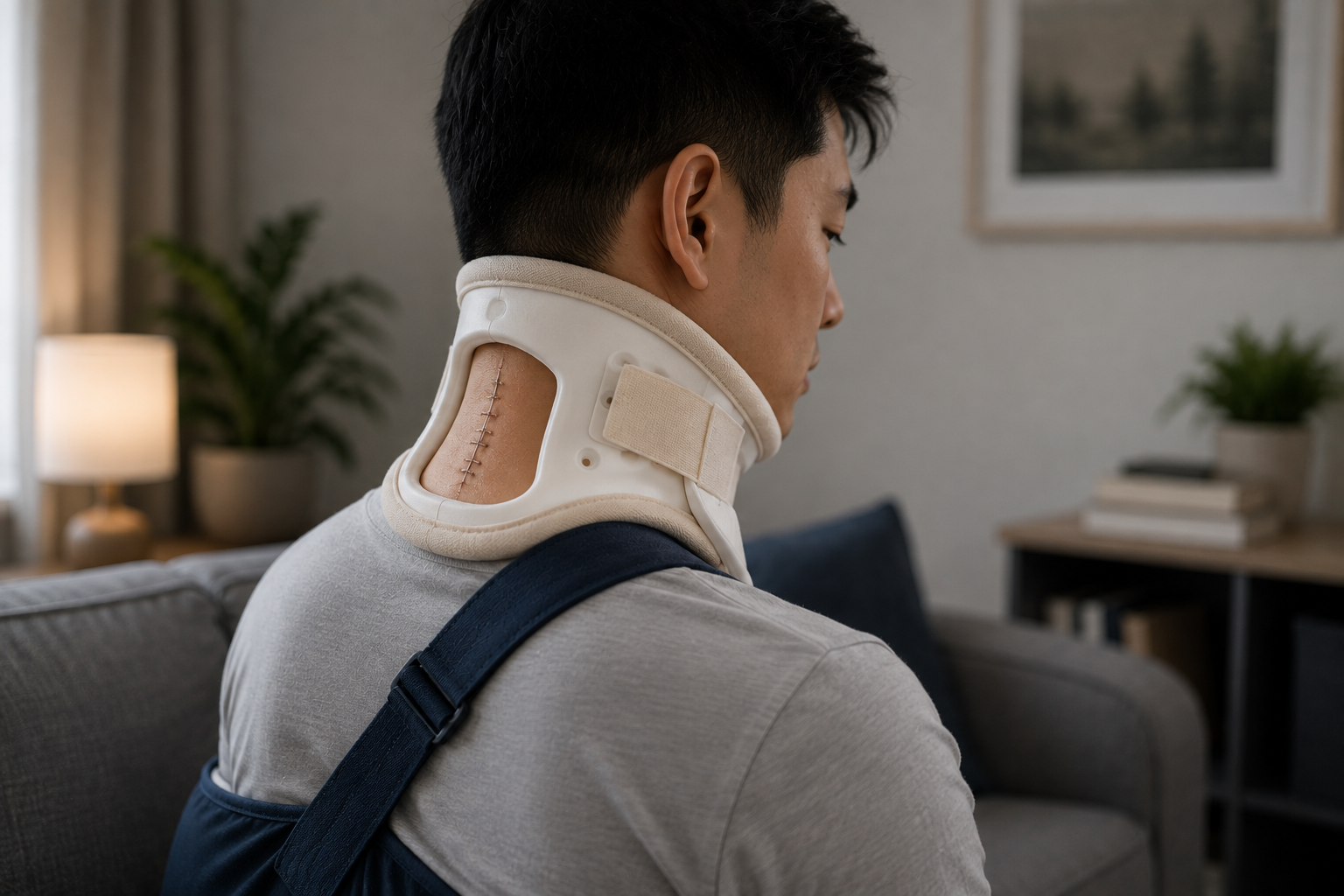Man wearing a neck brace during recovery after cervical spine surgery