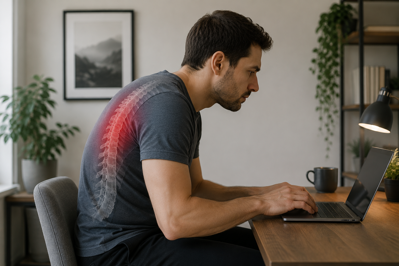 Man sitting at a desk with upper back discomfort