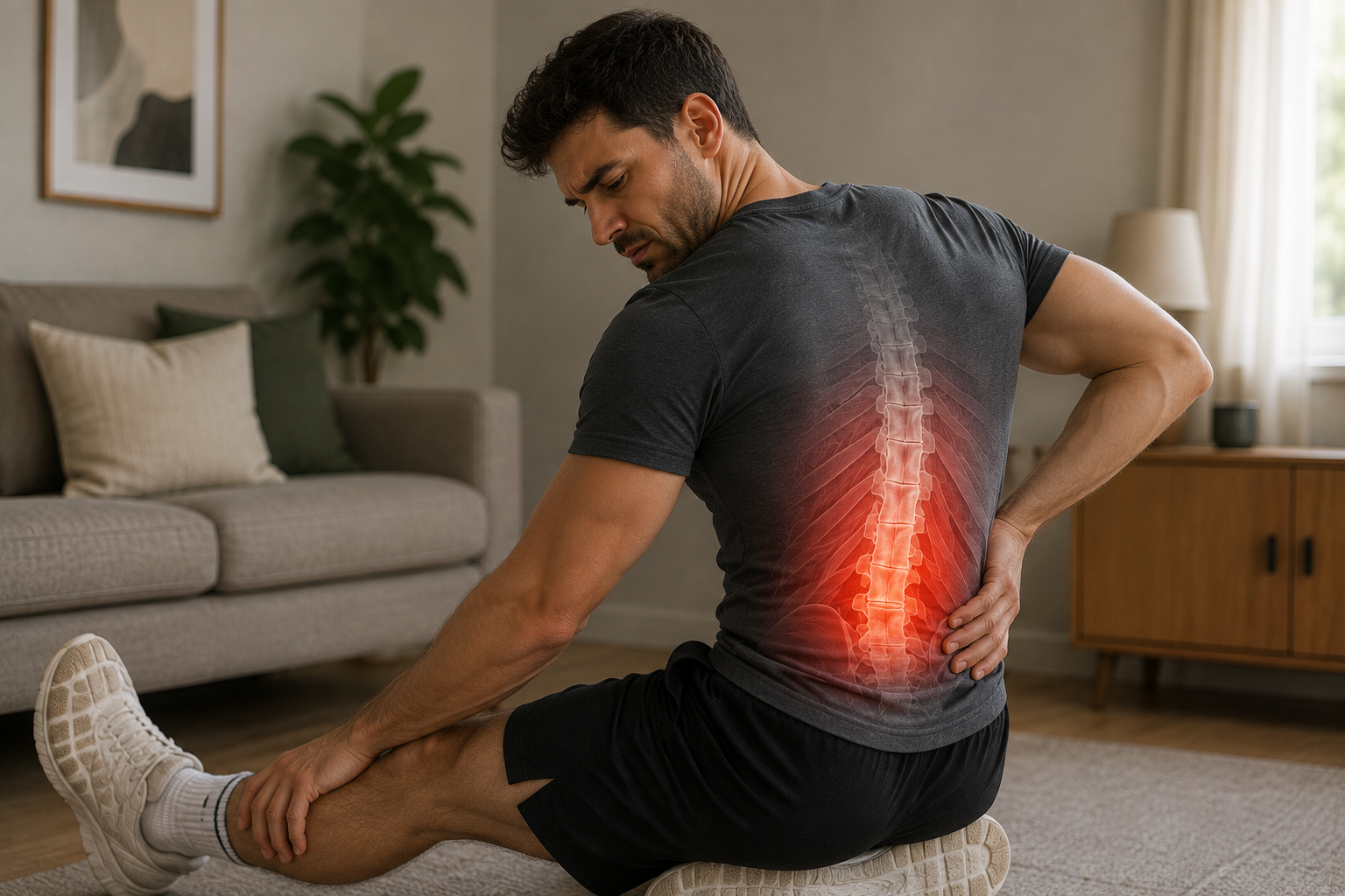 Man experiencing lower back pain and weakness during movement