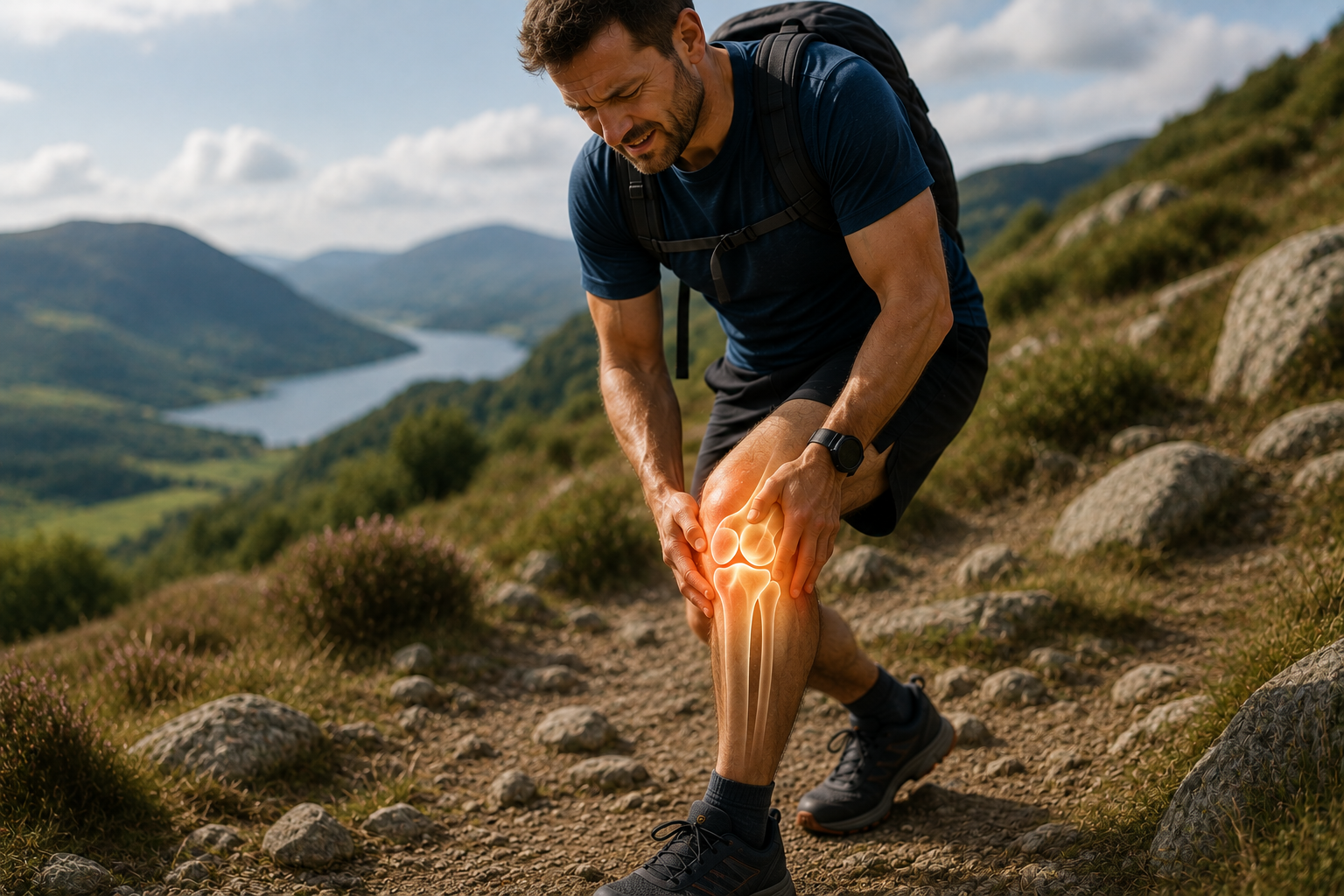 Hiker holding his knee due to pain while walking
