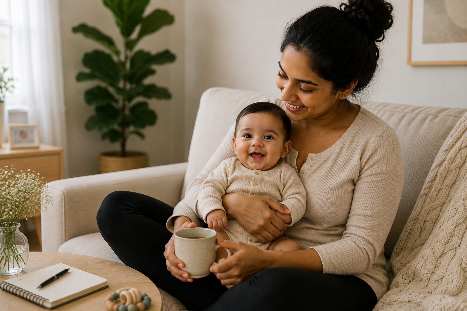 Mother sitting at home with her baby during postnatal recovery