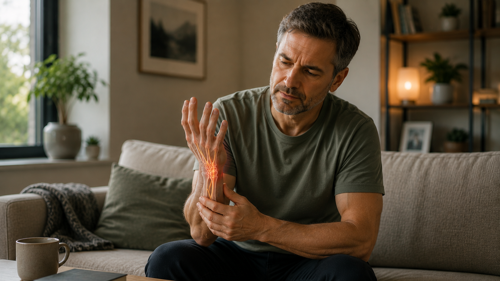 Man holding his wrist with pain extending into the hand