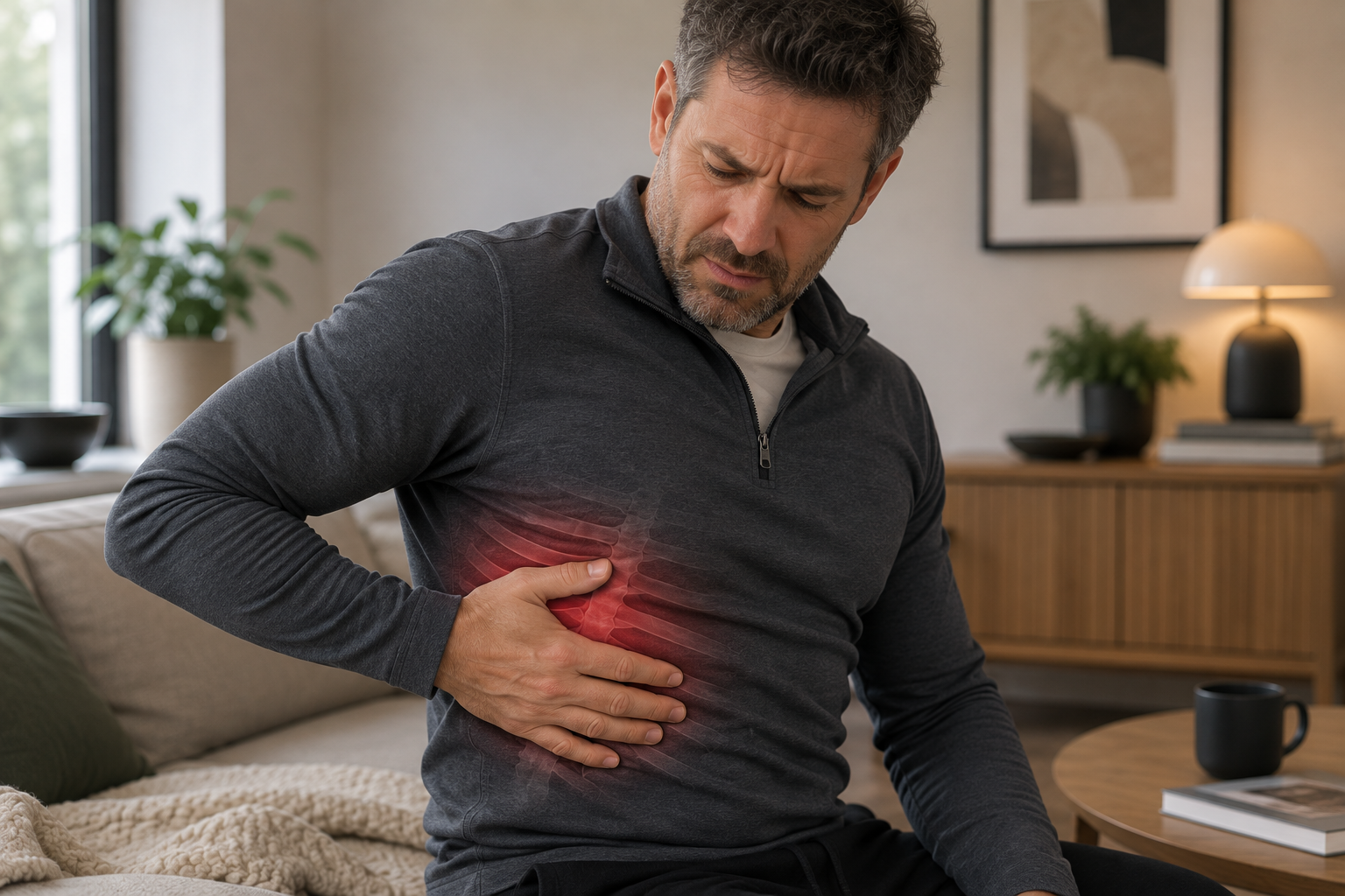Man experiencing rib and upper back pain around the side of his chest