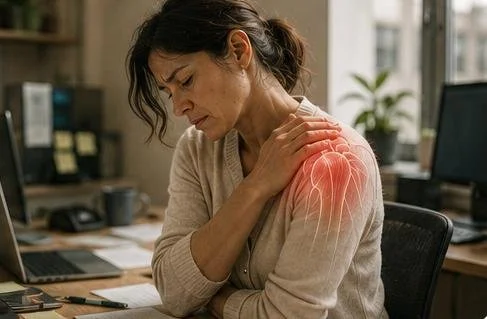 Woman holding her shoulder due to pain