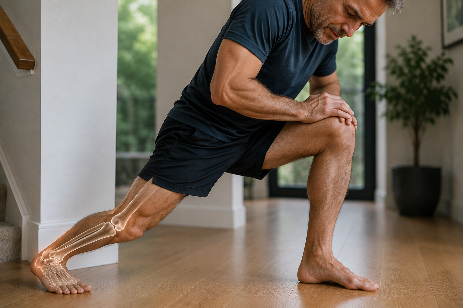 Man experiencing ankle stiffness while stretching
