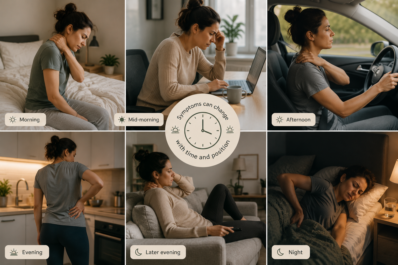 Woman experiencing changing neck and back symptoms throughout the day