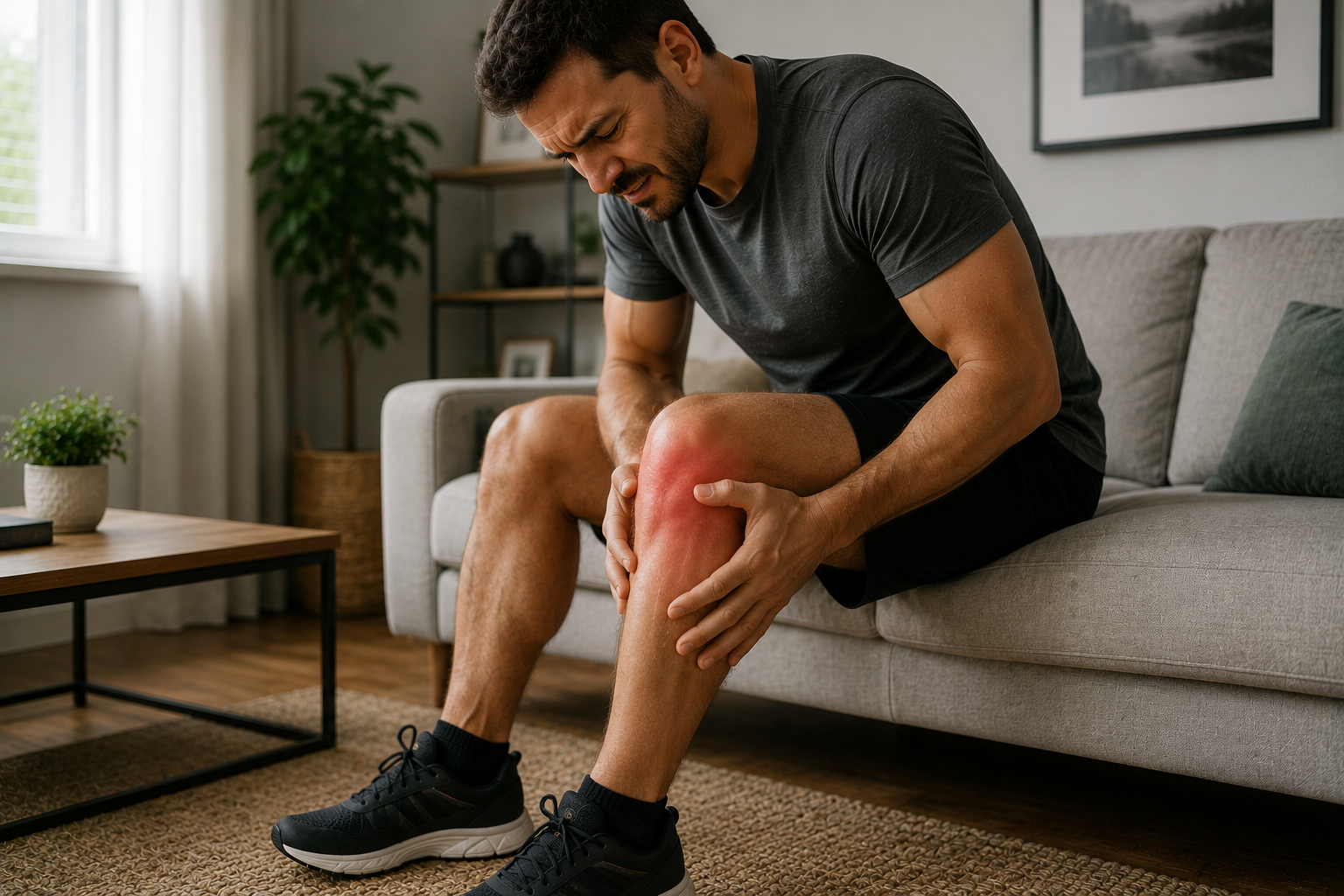 Man holding a painful swollen knee