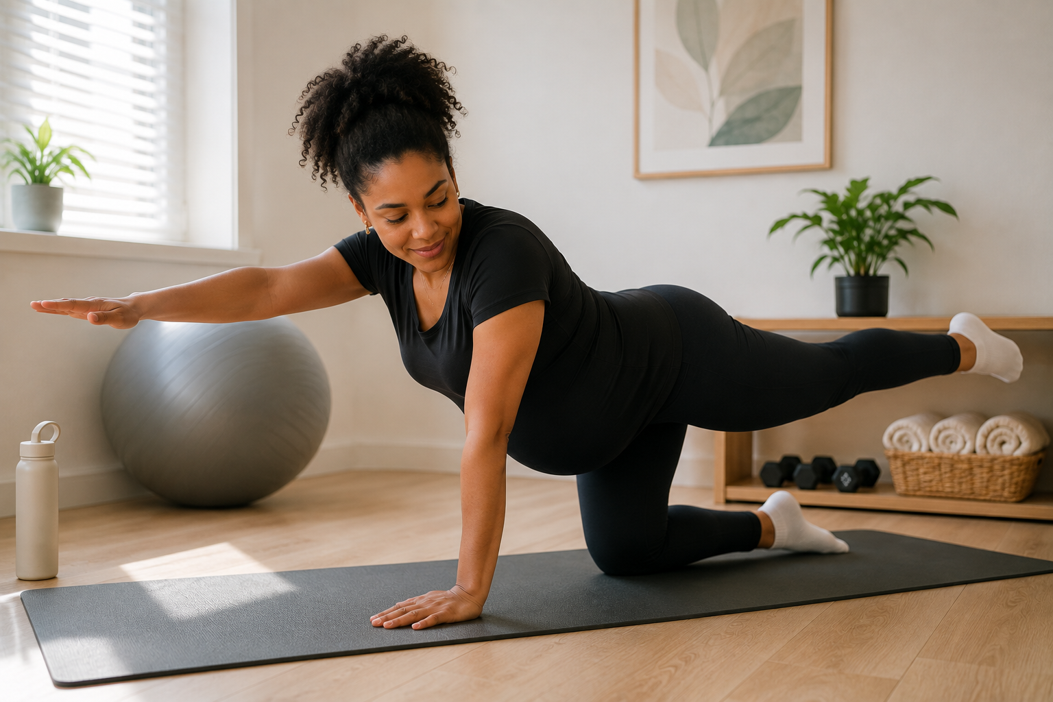 Pregnant woman performing a controlled strengthening exercise