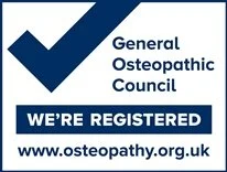 Logo of the General Osteopathic Council with a dark blue checkmark, text 'WE'RE REGISTERED', and website 'www.osteopathy.org.uk'.