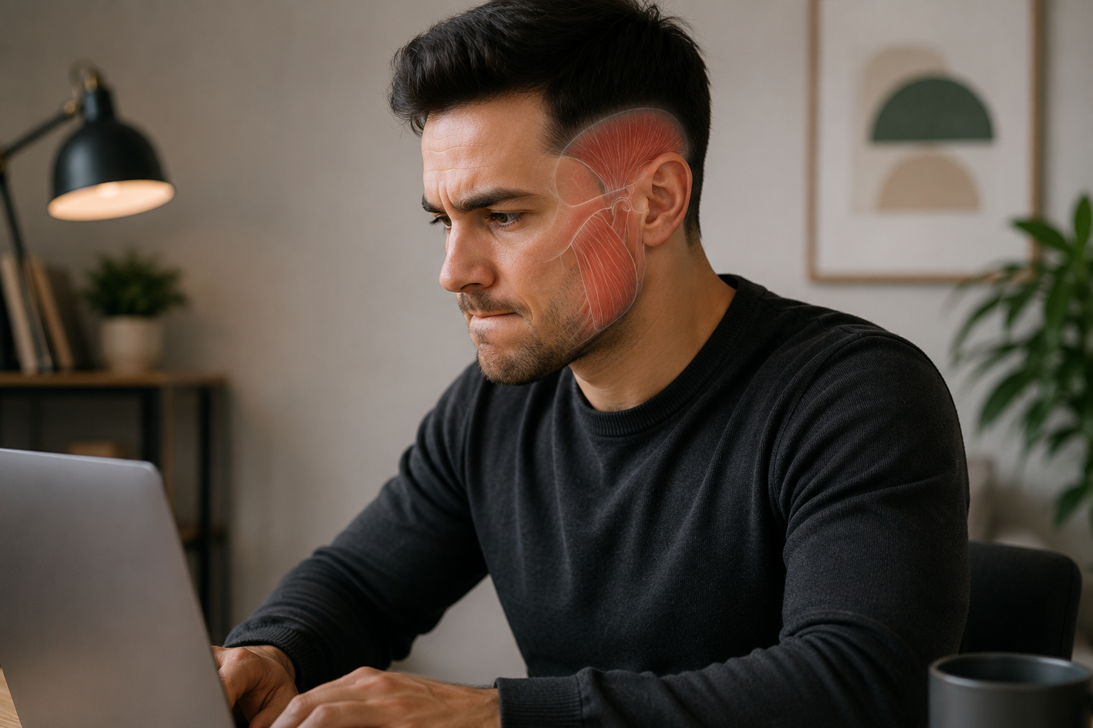 Man clenching his jaw with tension around the jaw muscles