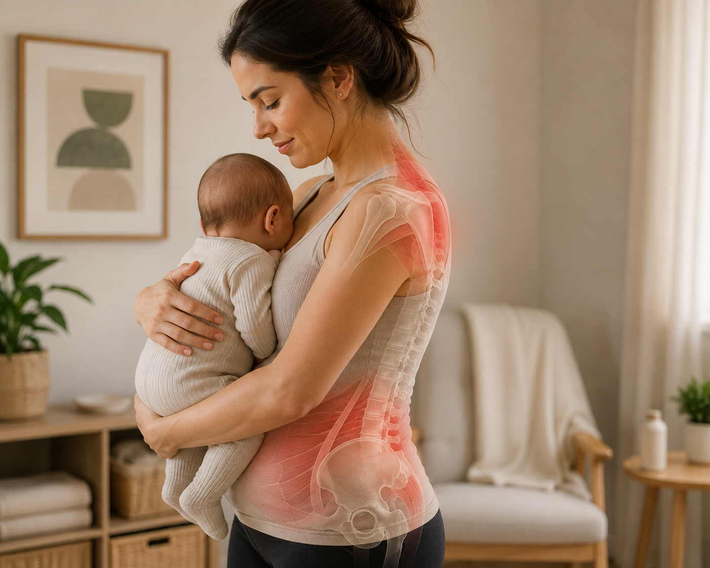 Mother holding her baby while experiencing back and shoulder discomfort