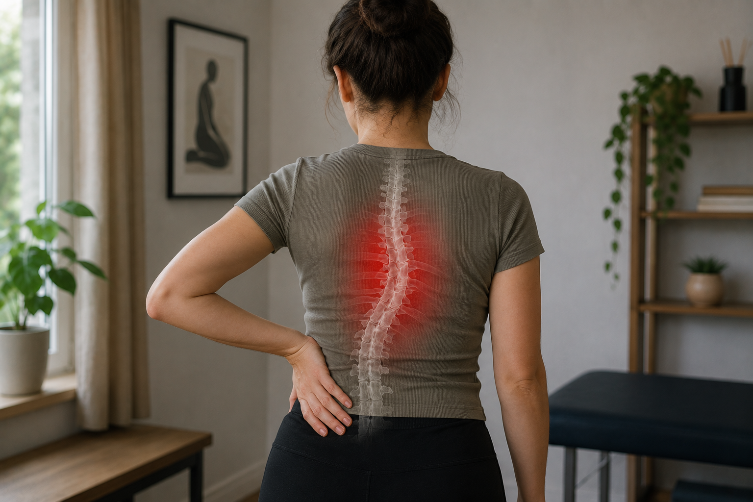 Woman with scoliosis experiencing back pain and stiffness