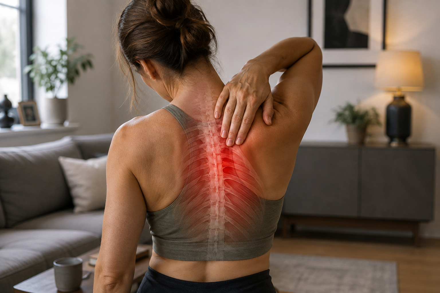 Woman experiencing upper back pain around the thoracic spine and shoulder blades