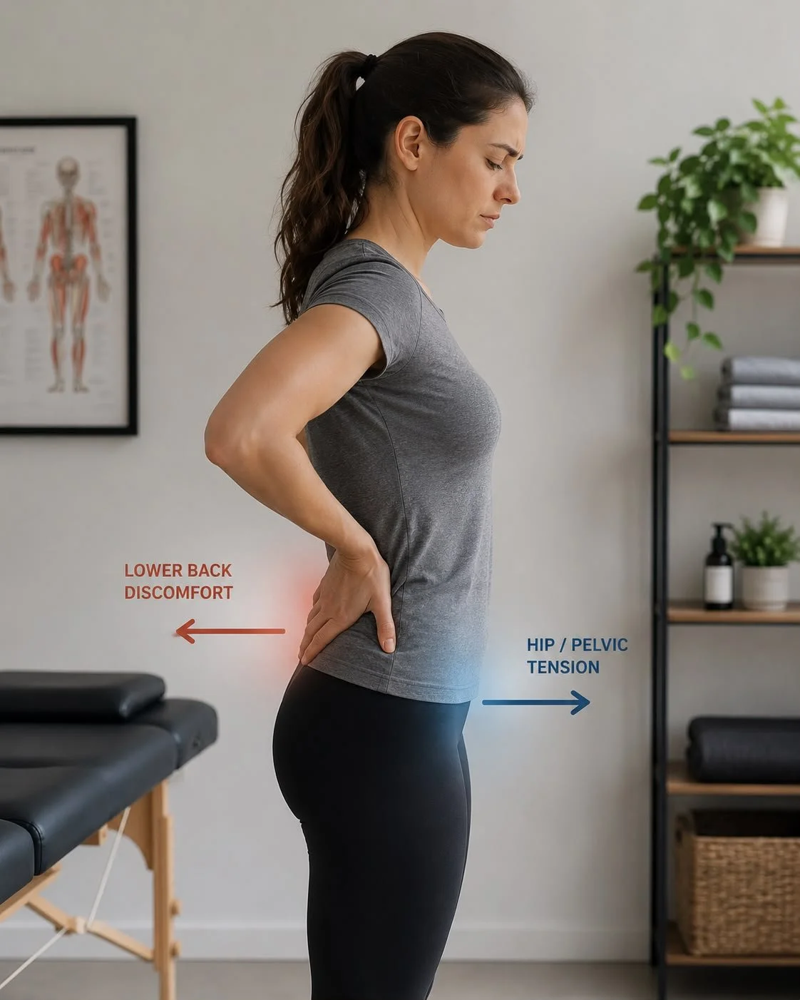 Woman experiencing lower back and hip discomfort while standing