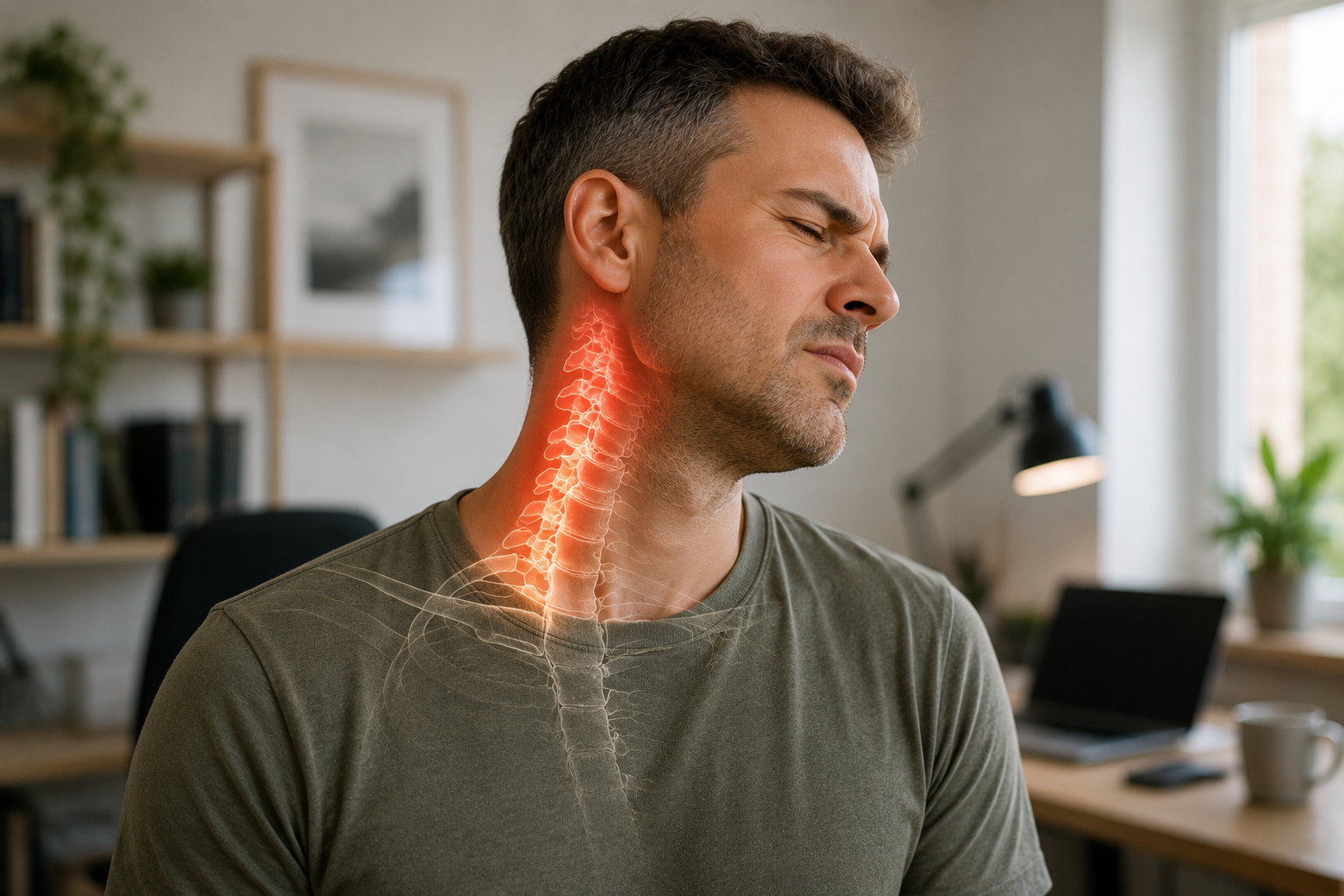 Man experiencing neck pain and stiffness when turning his head