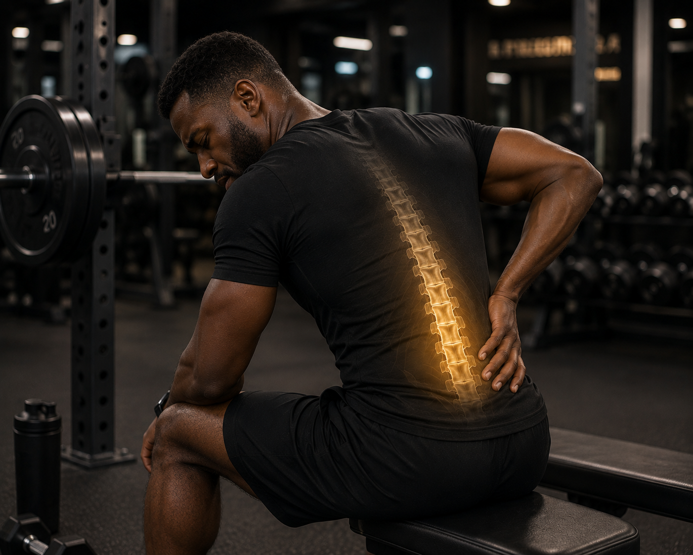Man experiencing lower back pain while weight training at the gym