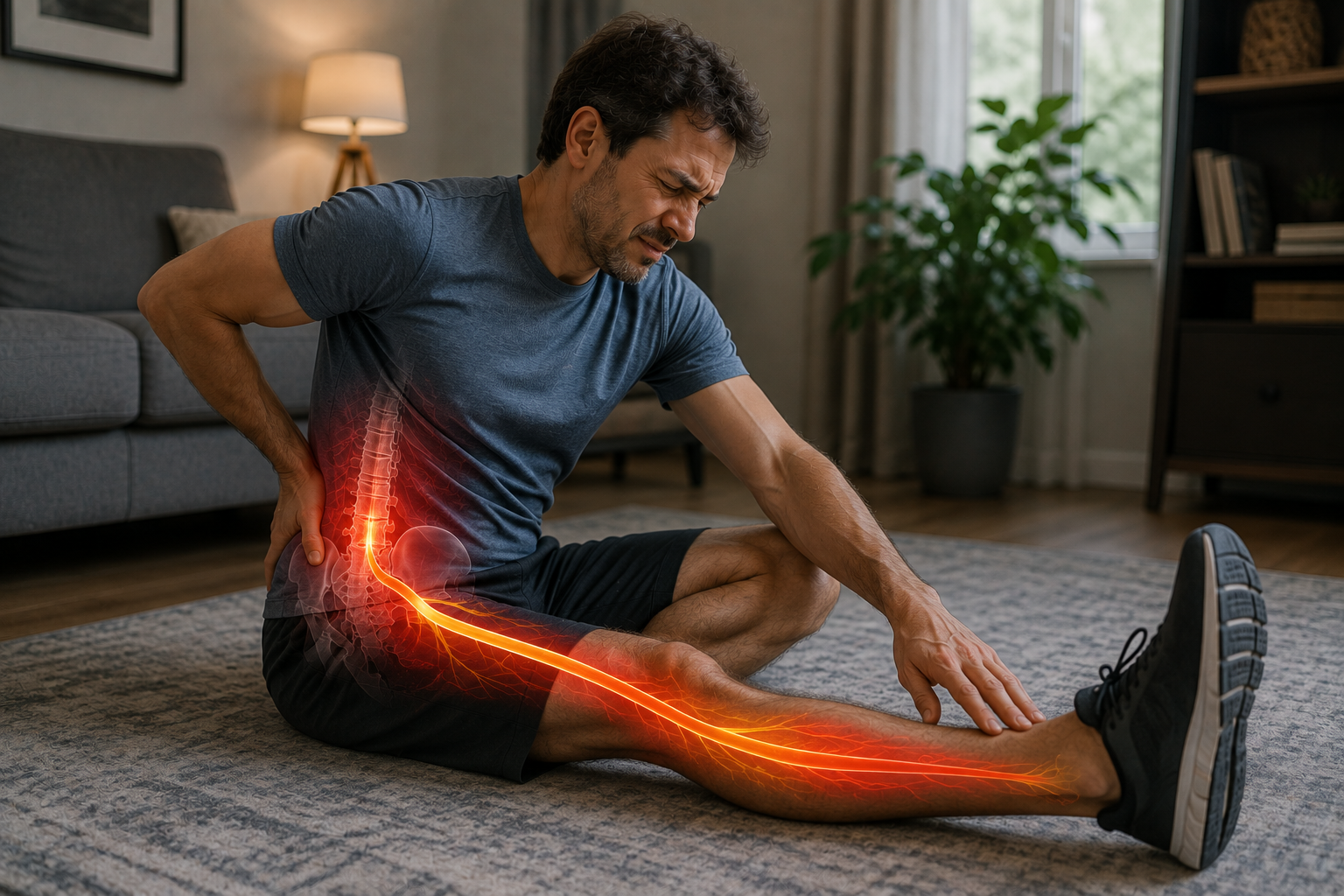 Man experiencing sciatica with pain travelling from the lower back into the leg