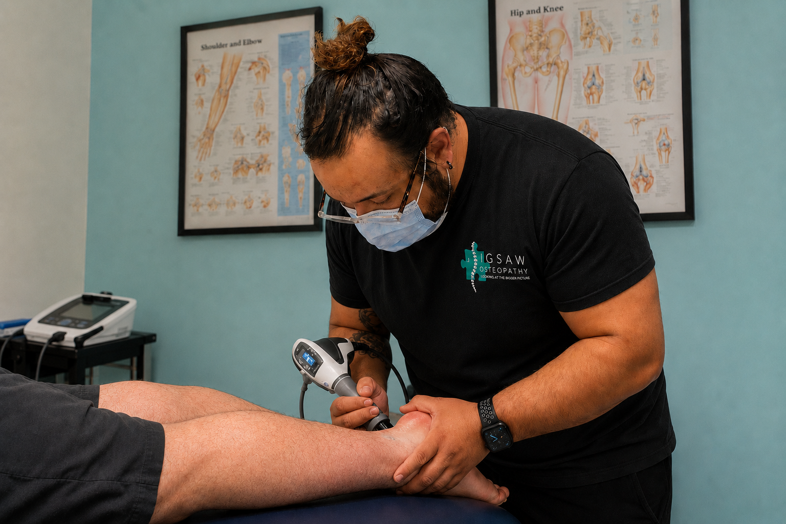 An Osteopath or Physiotherapist using Shockwave Therapy on a mans Achilles tendon in Hayes, West London