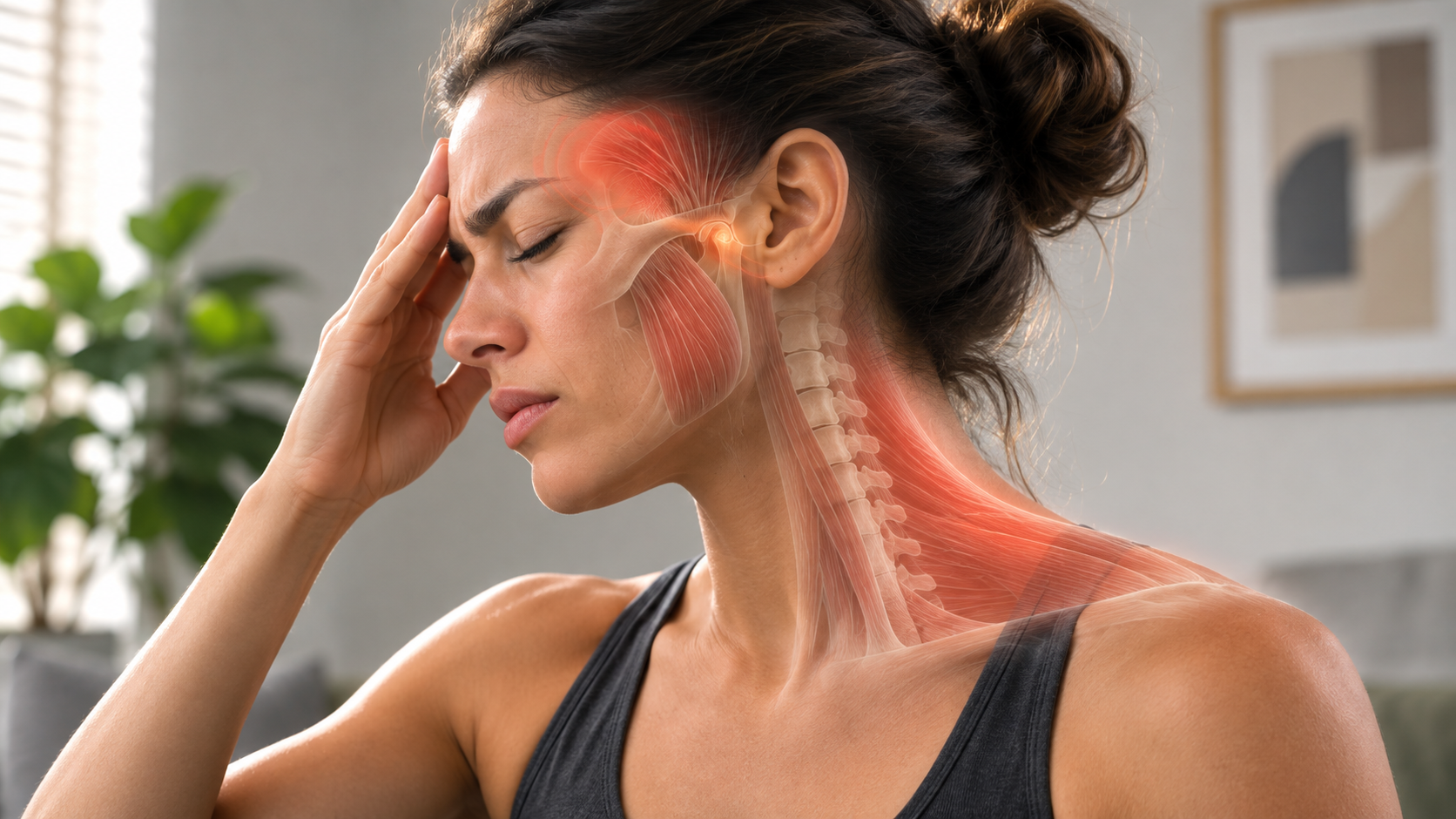Woman experiencing jaw, neck and headache symptoms