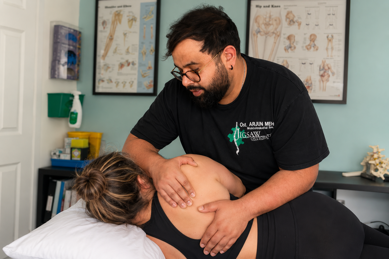 An Osteopath or Physiotherapist treating a woman with shoulder pain in a clinic, in Hayes, West London