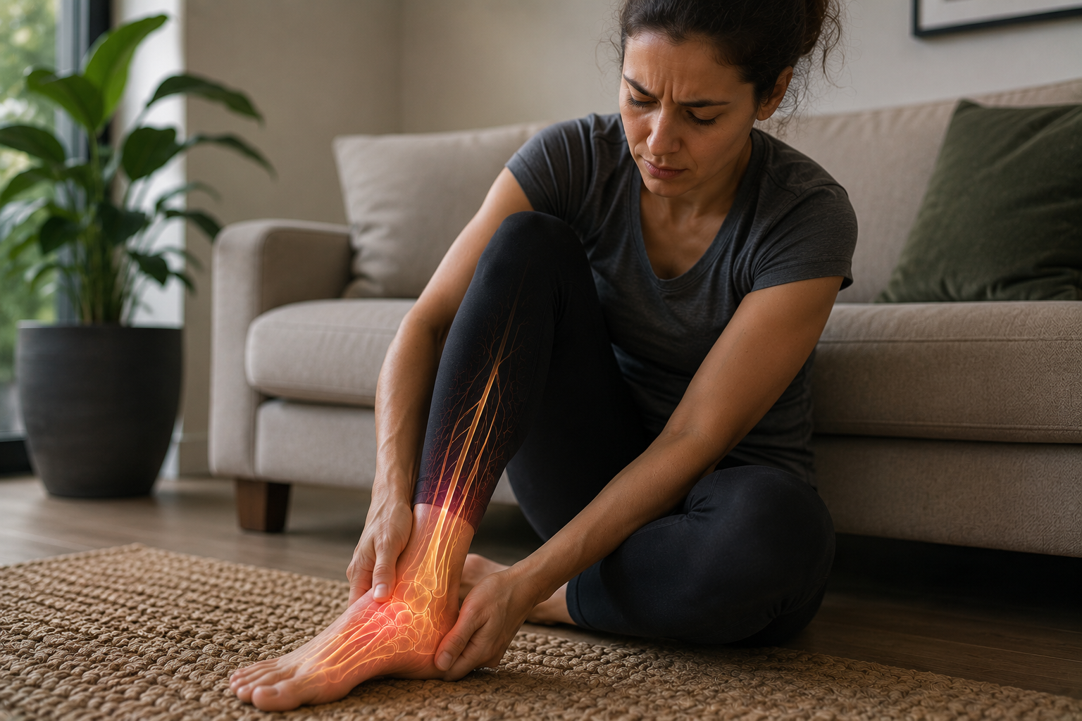 Woman holding her foot and ankle due to pain and tingling