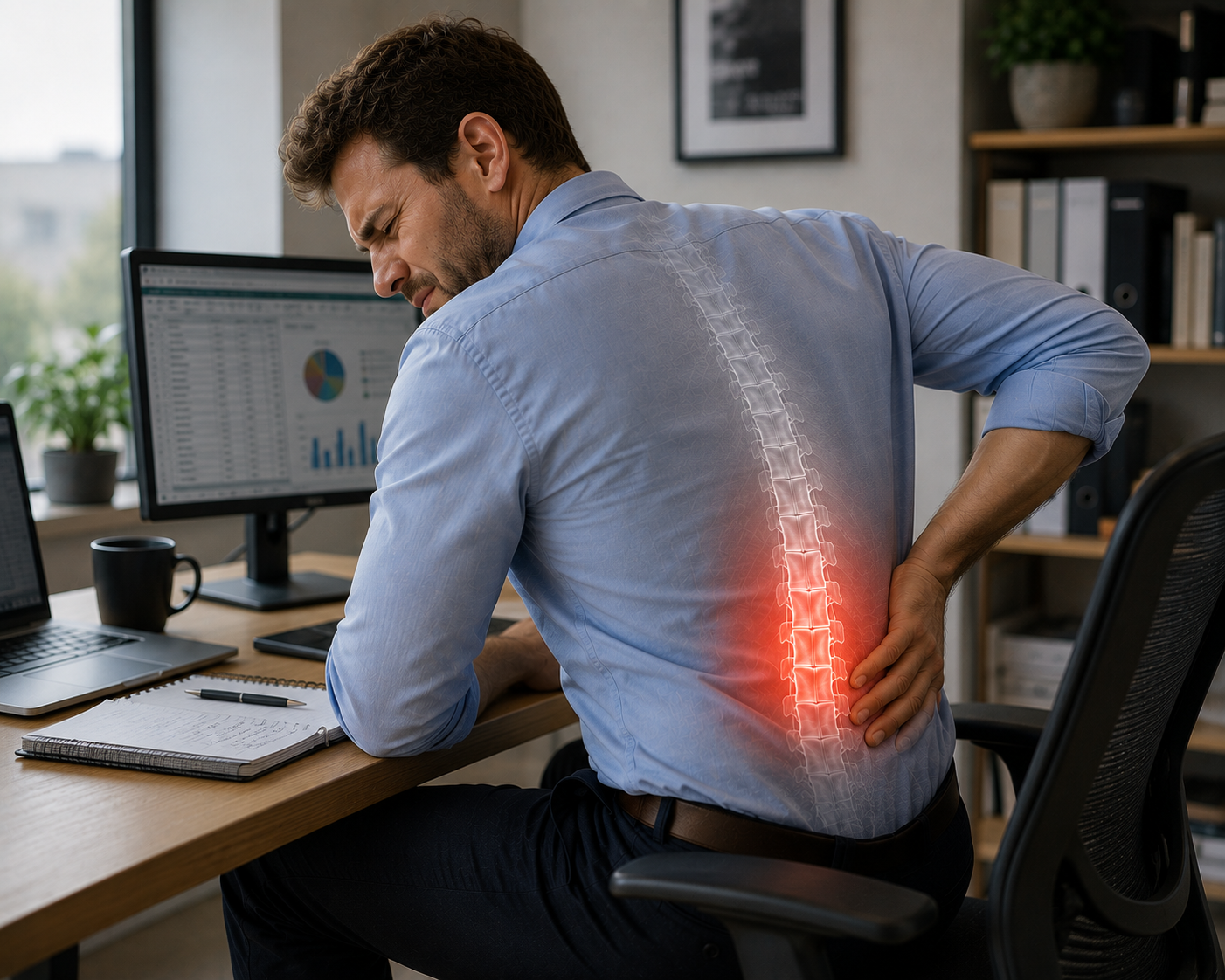 Man experiencing lower back pain during prolonged desk work
