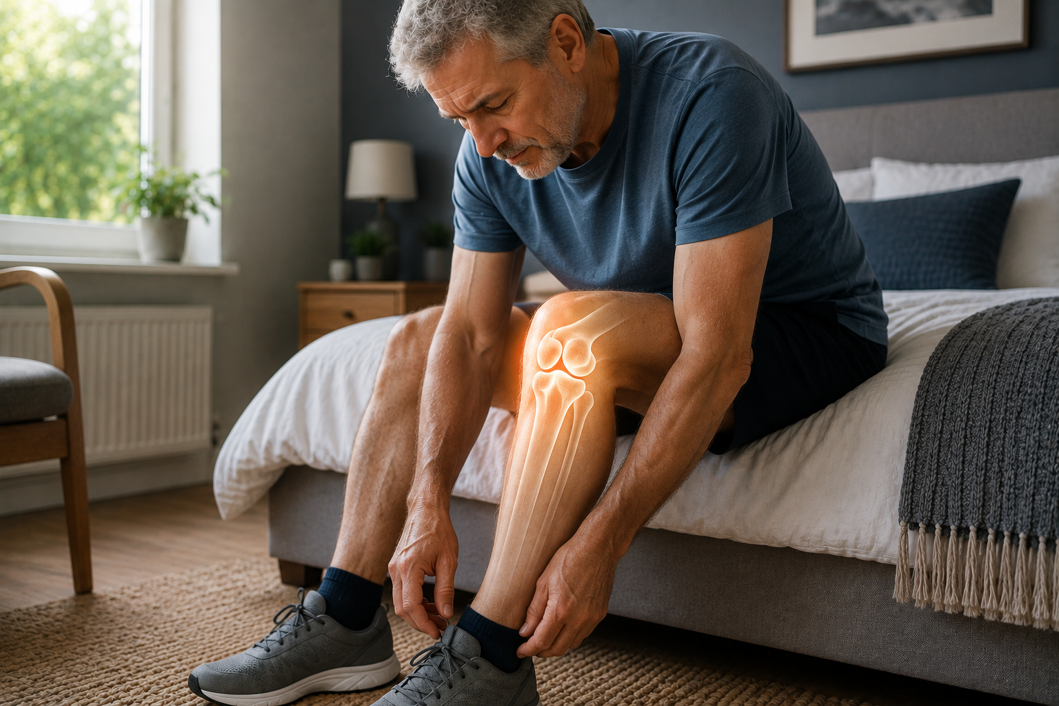 Man experiencing knee stiffness while putting on his shoe