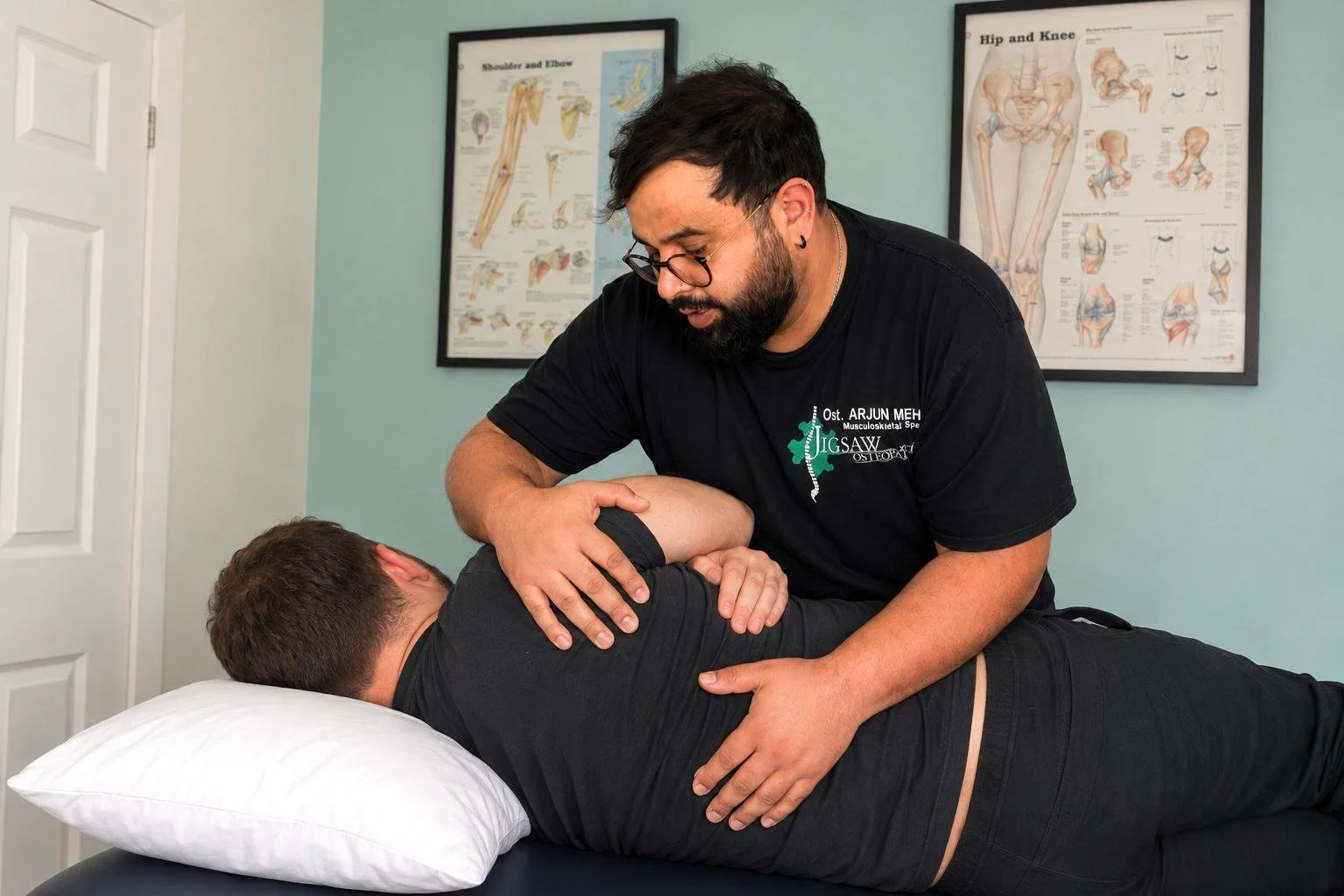 Osteopath and Physiotherapist examining a patient's shoulder in a clinic in Hayes, West London