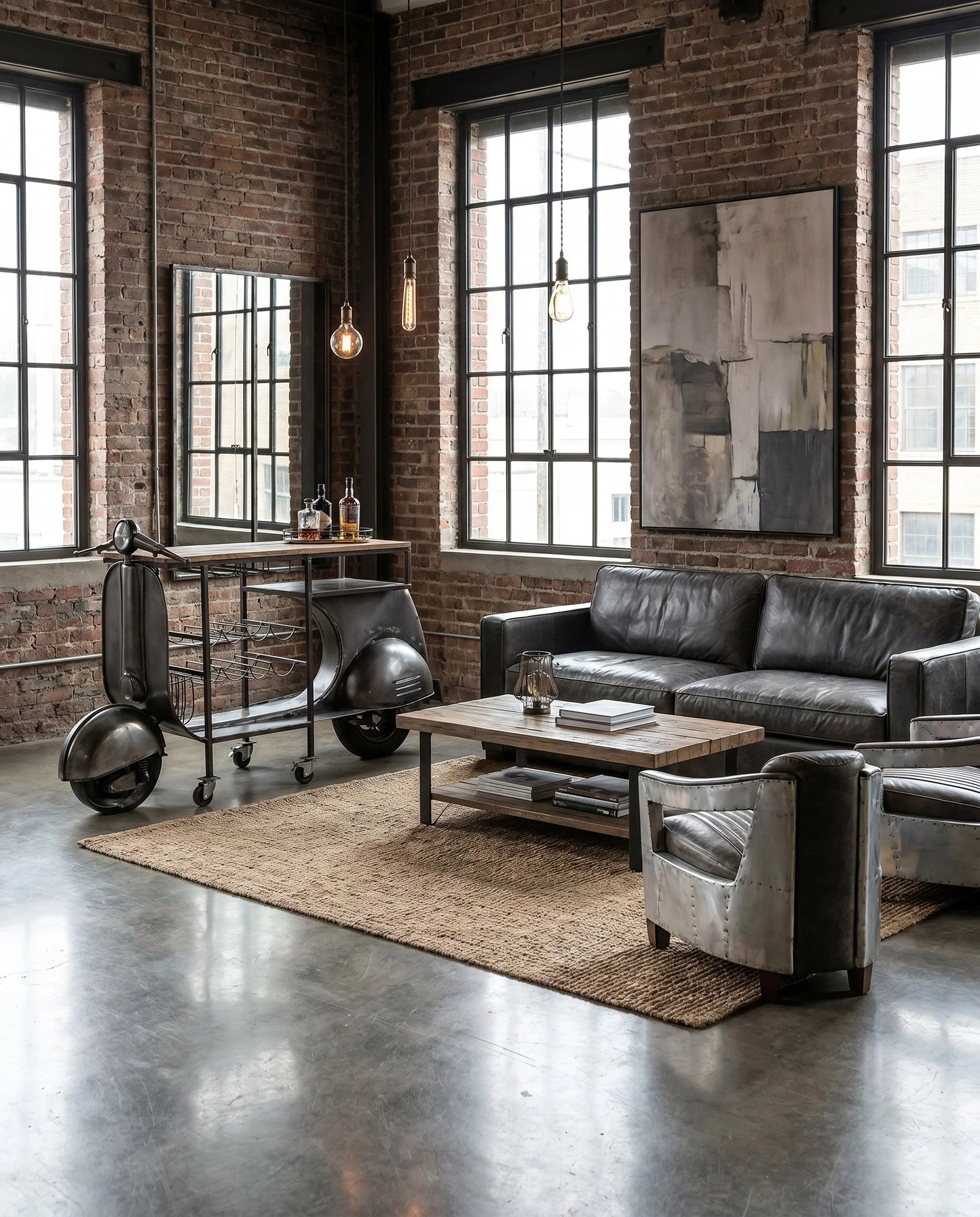 Imagem editorial de interiores com móvel bar de decoração integrado numa sala de estar sofisticada, com estilo industrial.