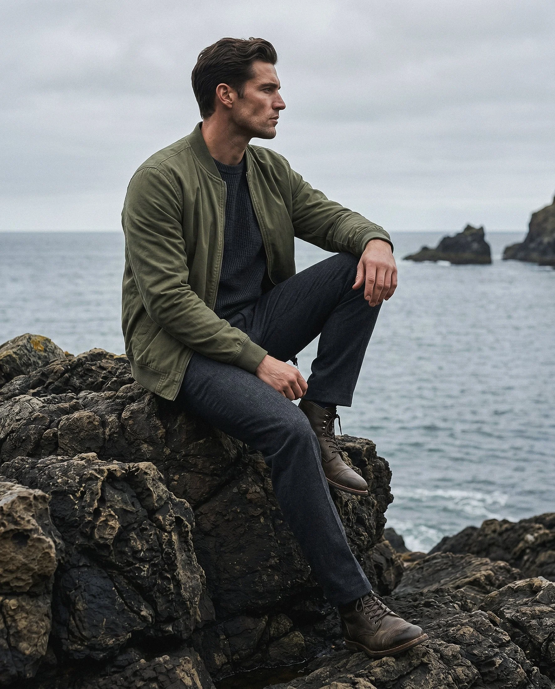 Imagem editorial de roupa com casaco verde integrado num ambiente exterior rochoso e cinematográfico.