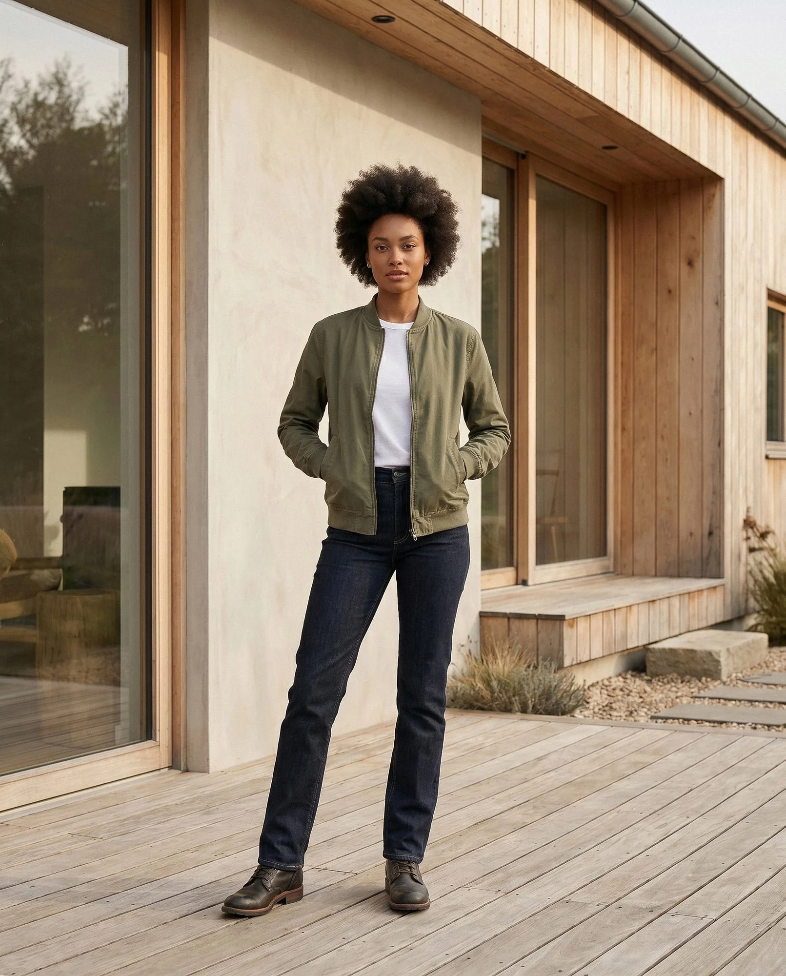 Imagem editorial de roupa e acessórios com casaco verde apresentado em contexto urbano premium.