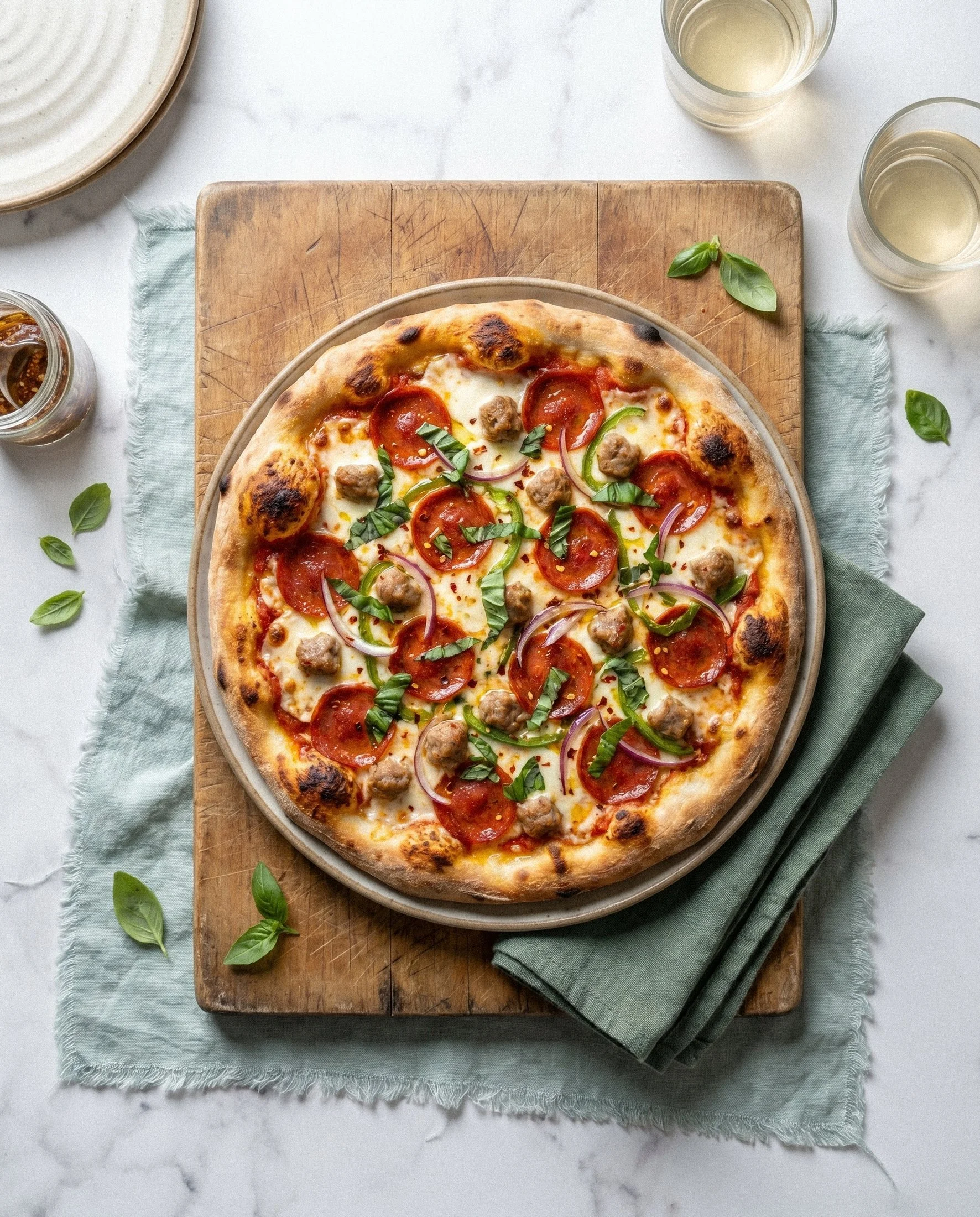 Pizza artesanal em composição clara com ingredientes e elementos de mesa, criada para marcas de restauração e food content.