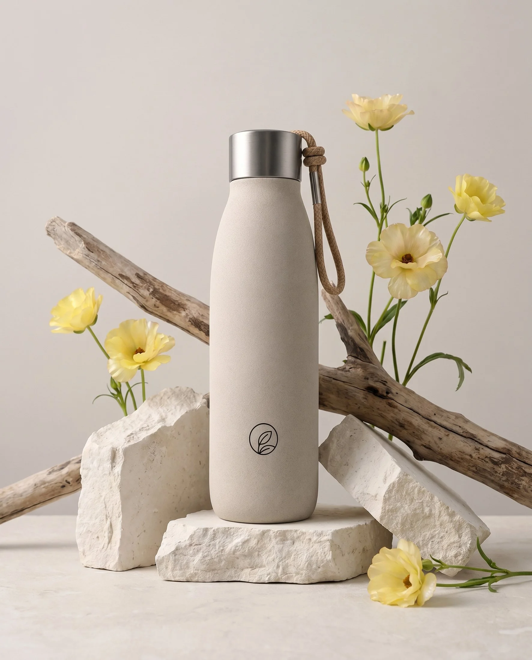 Imagem editorial de produto com garrafa térmica bege integrada num ambiente claro com flores e estética natural.