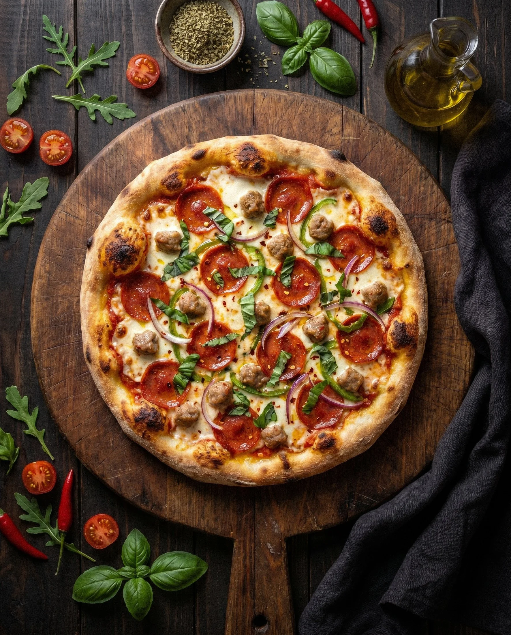 Imagem editorial gastronómica com pizza artesanal em mesa escura, pensada para comunicação visual de restaurantes.